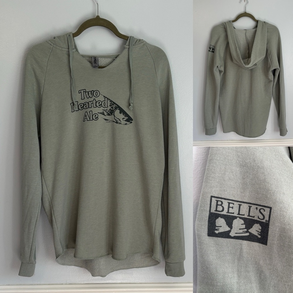 Two Hearted Ale Graphic Hoodie Bell's Size Large Gorpcore Cozy Army Green Hi-Low